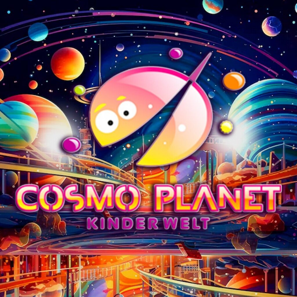 Bunte Weltraum-Grafik mit dem Maskottchen der Cosmo Planet Kinderwelt in Forst