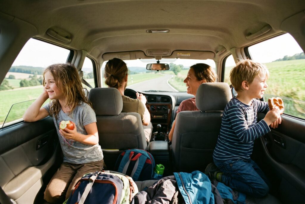 Kinder schauen auf der Autofahrt zum Ausflug aus dem Fenster
