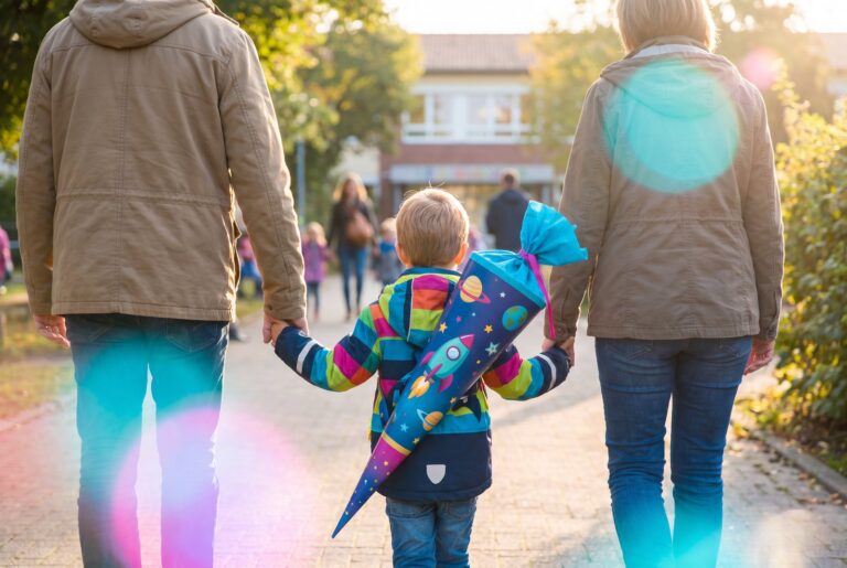 Schulanfänger mit bunter Schultüte an der Hand der Eltern