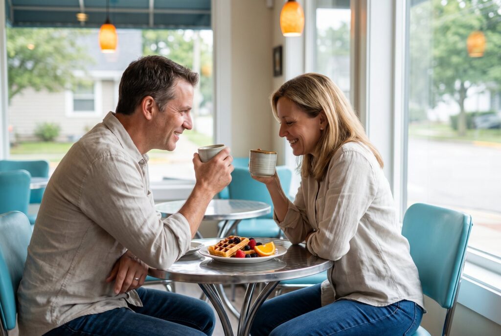 Eltern trinken entspannt Kaffee im Bistro, während die Kinder spielen