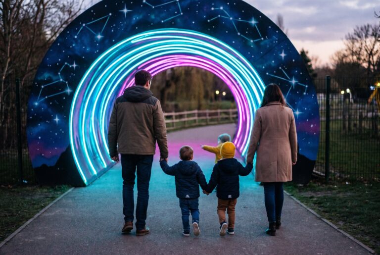 Familie läuft Hand in Hand zu einem leuchtenden Eingang