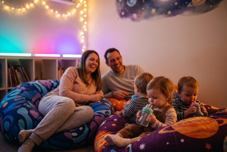 Familie entspannt lachend auf bunten Sitzsäcken im Indoorspielplatz