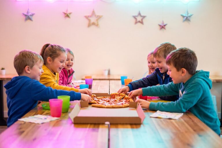 Kinder teilen sich eine große Pizza bei der Geburtstagsfeier