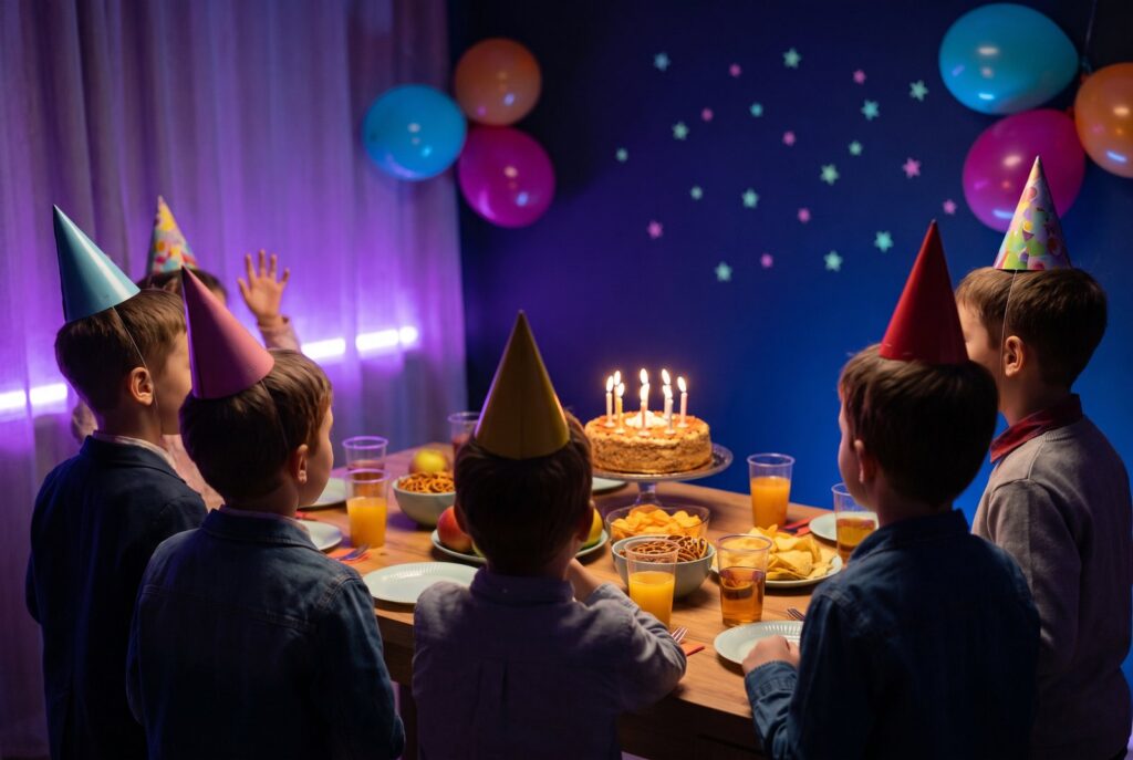 Kinder mit Partyhüten feiern Geburtstag mit Torte und Kerzen
