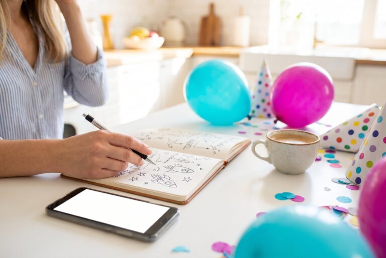 Planung einer Kinderparty mit Notizbuch, Partyhüten und Luftballons