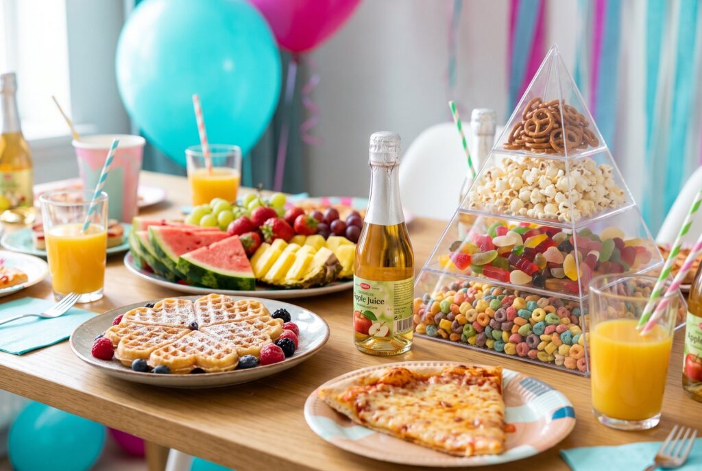 Waffeln, Obstplatte, Pizza, Knabberpyramiden und Getränke auf dem Geburtstagstisch