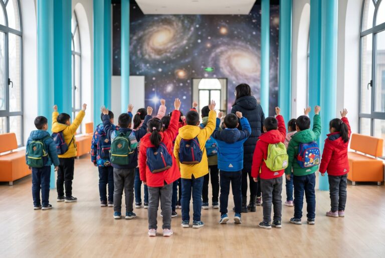 Schulklasse jubelt beim Klassenausflug