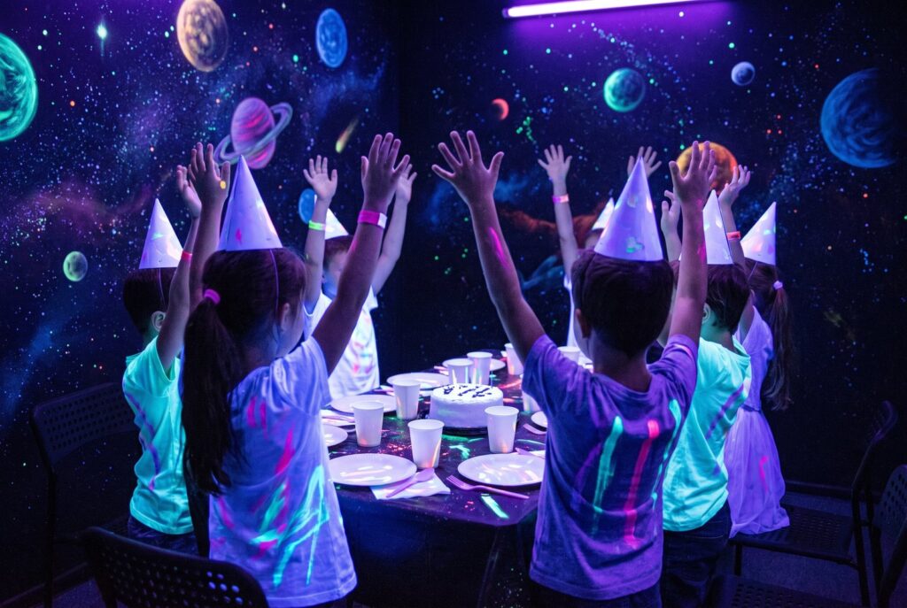 Kinder feiern Geburtstag im leuchtenden UV-Themenraum mit Weltraum-Wandbild